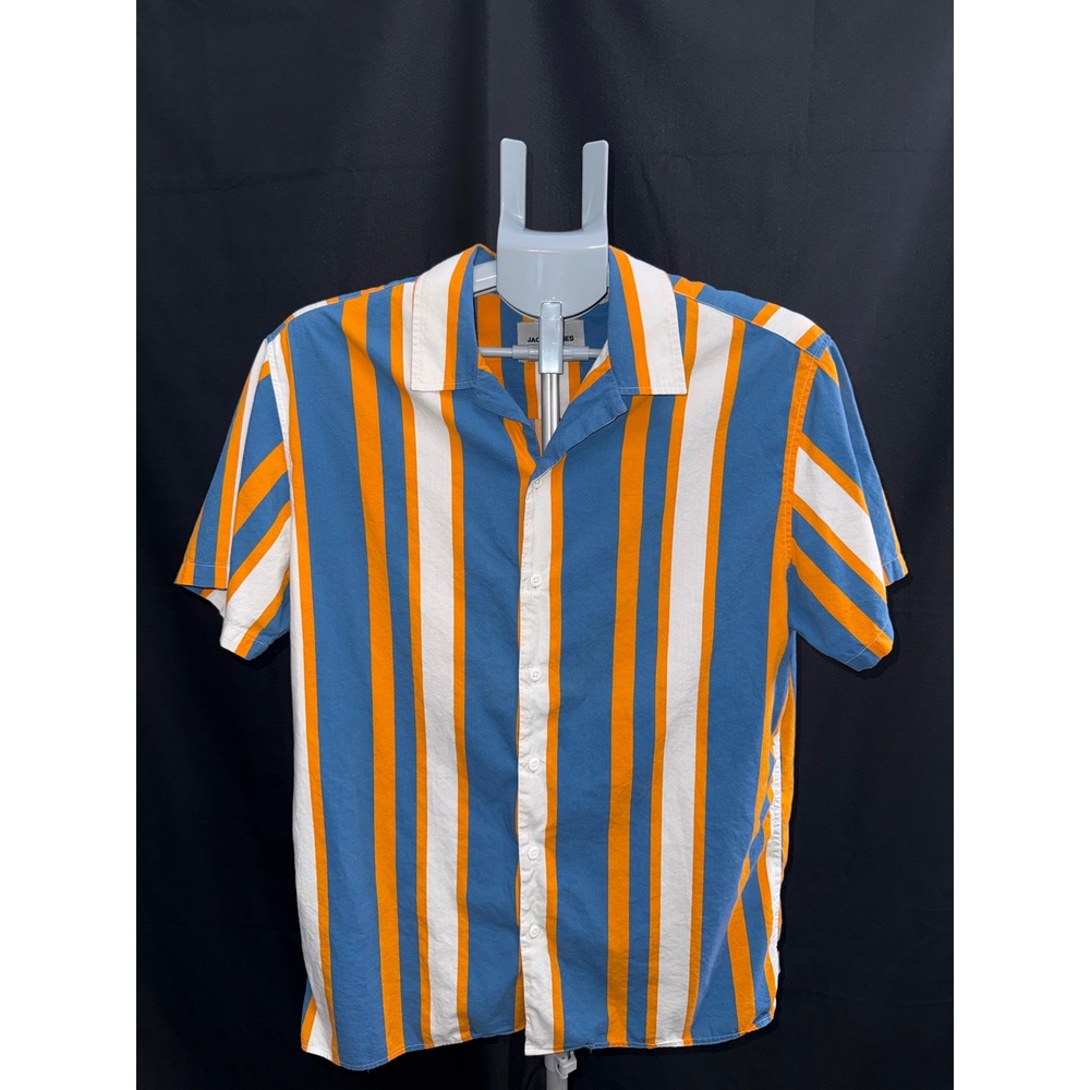 Jack & Jones Core Mens Large Blue Orange White Striped Short Sleeve Button Up